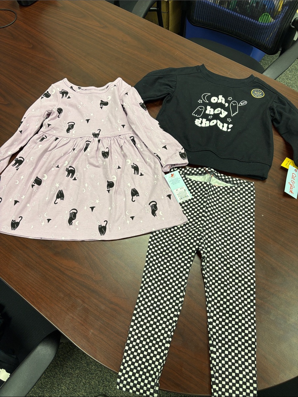 Halloween Cat Dress, Ghost Sweater & Checker Leggings Set